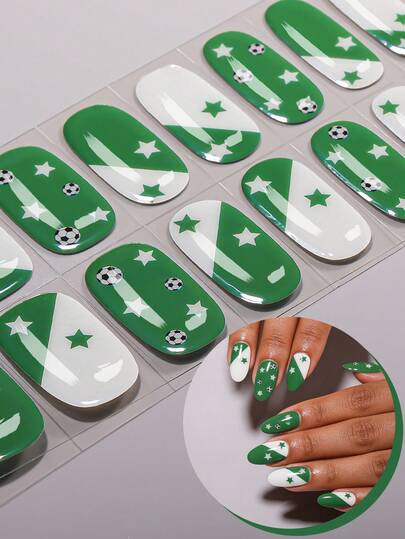 16Pcs World Cup White Green Colour-Blocking Semi-Cured Gel Nail Stickers,Football Stars Cheerful Cute Gel Nail Stickers ,Easy To Apply, Perfect For World Cup-Themed Manicures To Support Your Favourite Team