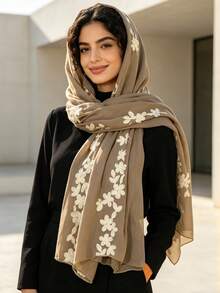 1PC Women's Fashion Spring Autumn Casual Embroidered Floral Simple Shawl Scarf Headscarf Suitable For Daily Use,Beach,Holiday - Khaki - View 3