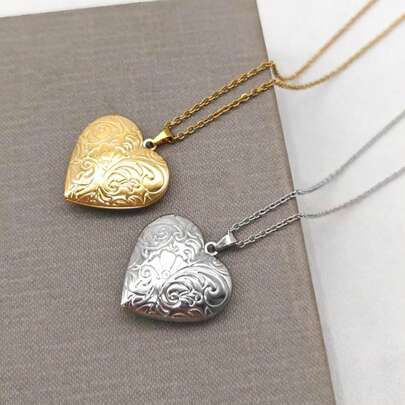 1 chiếc dây chuyền mặt dây chuyền bằng thép không gỉ mạ vàng 18K, khắc hình trái tim và hoa, dùng để lưu trữ ảnh tự làm, quà tặng ngày lễ và ngày Valentine.