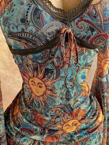 Women's Vintage Printed Bohemian Mini Dress, V-Neck Floral Lace Trim Long Sleeve Irregular Cuff, A-Line Mesh Printed Vacation Dress, Party Dress, Date Night, Sexy Slim Fit Fashion Set, Cruise Holiday, Beach Holiday, Music Festival, Boho Vacation Dress, Suitable For All Seasons Bell Sleeve Dress Boho Dress Women - 多色 2 - 查看 10