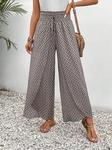 Frenchy Allover Print Knot Waist Tulip Hem Wide Leg Baggy Cross Over Pants Winter Chic Brown Casual Spring - Màu Khaki - Xem 1