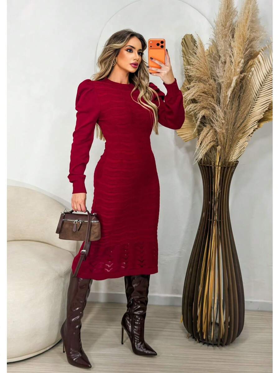 Puff Sleeve Midi Dress With Elasticity Moda Evangelica Tricot - Đỏ - Xem 1