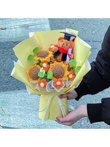 1pc Graduation Season Teddy Bear & Sunflower Bouquet (Gift Bag Included) - Handmade Knitted Floral, Suitable For Classmates, Teachers, Reunion, Home Decor, Birthday, Graduation, Mother's Day, Random Blue Color (Random Flower Bag) - View 5