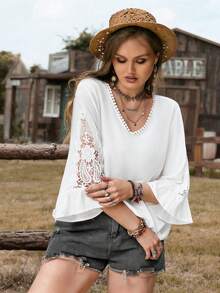 Rusttydustty Blusa casual de encaje con cuello en V para mujer de talla grande, estilo bohemio, ideal para Pascua, playa, Hawái, festivales de música y vacaciones tropicales - Blanco - Ver 6