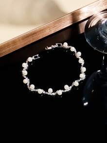 4pcs Elegant Rhinestone & Faux Pearl Jewelry Set - Includes Necklace, Earrings, Bracelet, Suitable For Bride, Wedding, Party - White - View 4