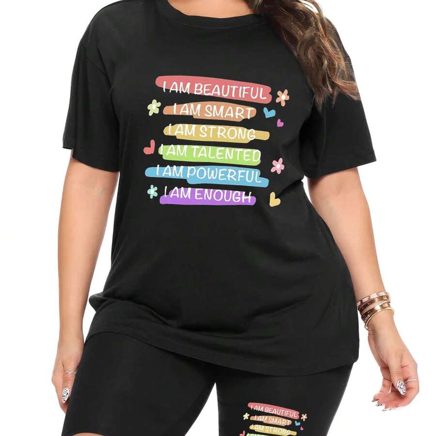 2pcs Plus Size Women'S I Am Beautiful Print T-Shirt And Shorts Set | Inspirational Quote, Positive Affirmation, Casual Daily Wear, Comfortable Soft Fabric, Crew Neck, Regular Sleeve - 黑色 - 查看 1