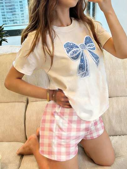 Girls' Summer Casual Blue Bow Print T-Shirt, Cream Color Crew Neck Drop Shoulder Tee, Loose Fit Cute Top For School, Daily & Lounge Wear