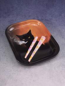1pc High-Quality Black Cat Pattern Rolling Tray, Excellent Smoking Accessory, Ideal Holiday Gift - Print - View 3