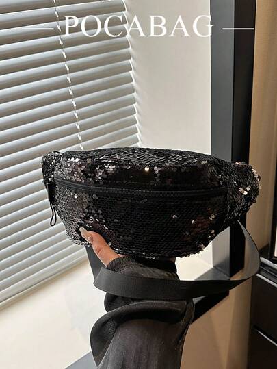 Black Sequin Waist Bag, Shiny Sequin Chest Bag, Party Style Crossbody Bag, Luxury Silver Color Niche Versatile Handbag