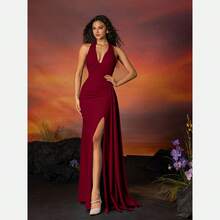 VIPGIRL 优雅深V领露背高开衩长礼服，轻盈丝绒面料，褶皱细节设计，派对礼服、正式晚礼服、伴娘礼服 - 酒紅色 - 查看 5