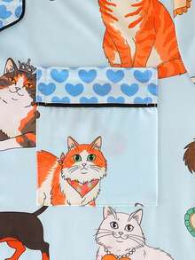 Set de 2 piezas de pijama de manga corta transpirable para verano, ropa de dormir para mujer, camiseta abotonada con cuello y pantalones cortos de cintura elástica, adecuado para todas las estaciones, estampado casual de perro y gato, diseño con ribete de contraste - Multicolor - Ver 6