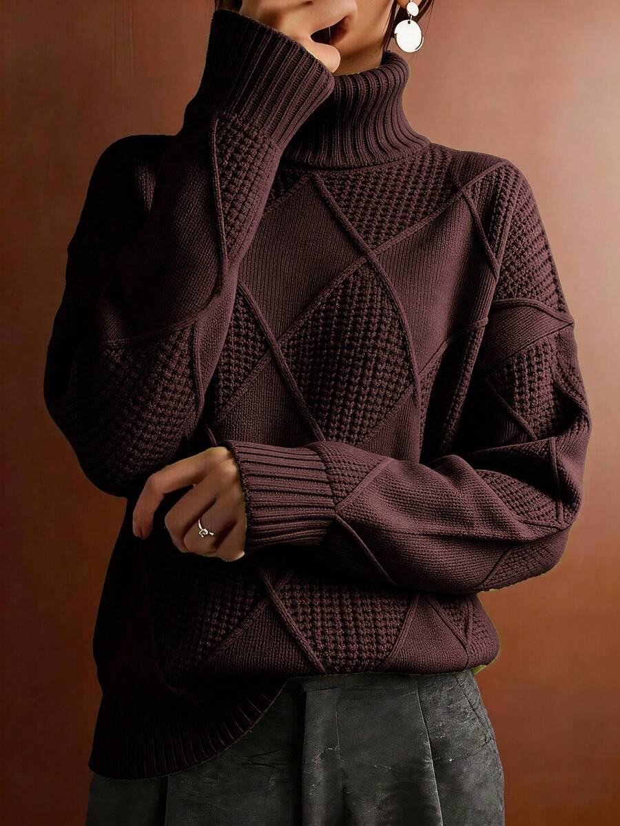 Women's Casual Plus Size Turtleneck Sweater, Autumn/Winter - Coffee Brown - View 1