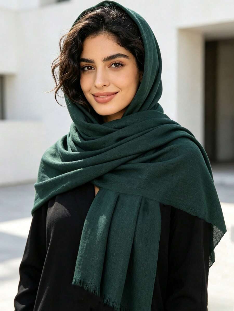 1pc New Minimalist Fashion Classic Versatile Soft Sunscreen Shawl, Suitable For Daily Wear, Multifunctional Polyester Material Bamboo Pattern Tassel Rectangular Women Scarf, Hijab, Shawl - Dark Green - View 1