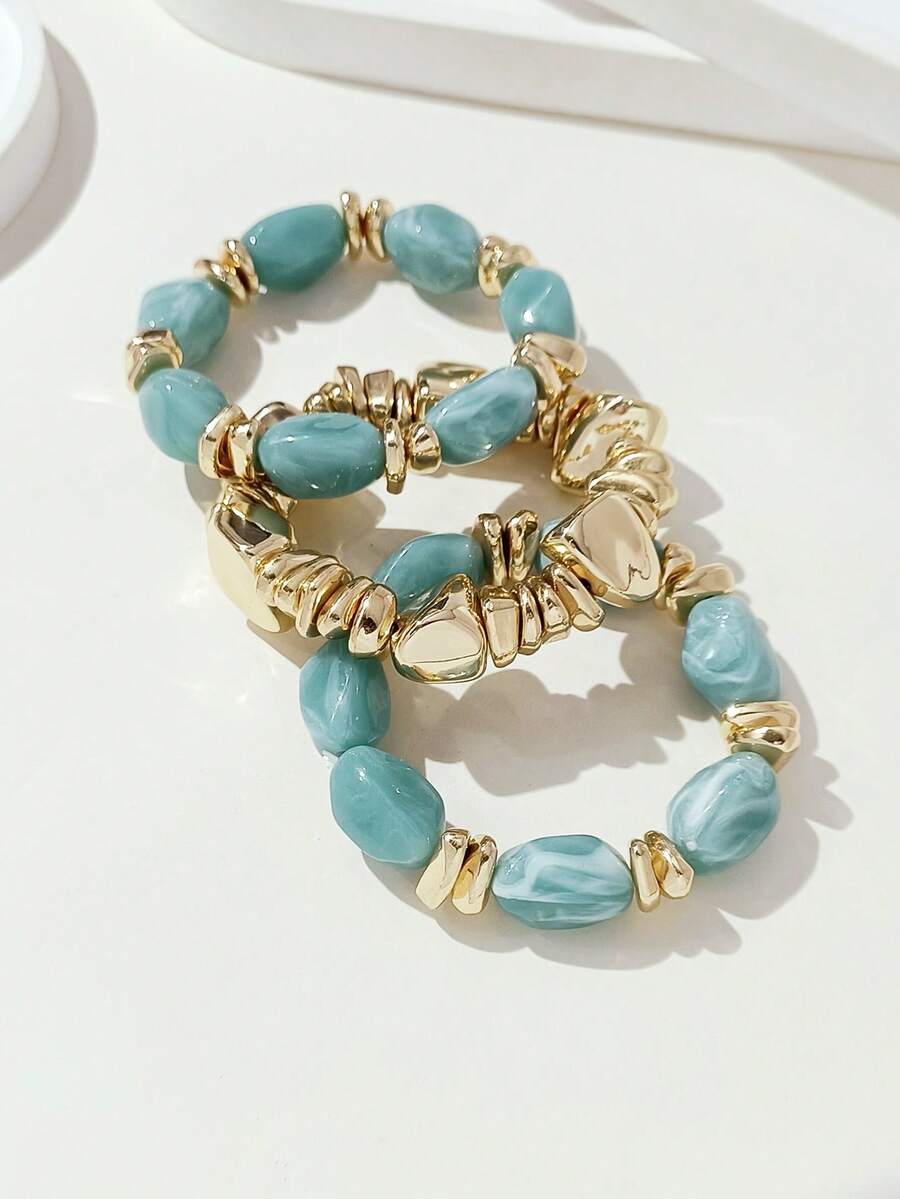 3pcs/Set Fashionable Retro Bohemian Thick Multi-Layer Multi-Color Acrylic Beaded Bracelet With Gold Crushed Stone Style For Women