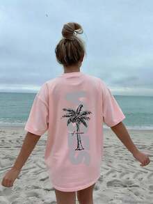 Women's Casual Short-Sleeved T-Shirt With A Round Neck And Minimalist Coconut Print. Simple And Versatile, Suitable For Everyday Wear And Holidays. Printed T-Shirt, Women's, White, Black, Pink, Summer Vacation - 粉色 - 查看 7