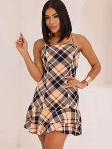 Women's Short Plaid Dress With Padded Cups, Spaghetti Straps, Flared Hem, Ruffled Detail, For June Festivals, Saint John's Day, July Festival Look, Boho Casual Women's Fashion, Backless / Backless, Vacation - 薑色 - 查看 3