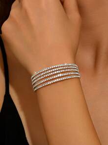 Brazalete de múltiples capas con cristales de strass, elástico y ajustable. Accesorio elegante, de moda y versátil al estilo europeo y americano - Plateado - Ver 1