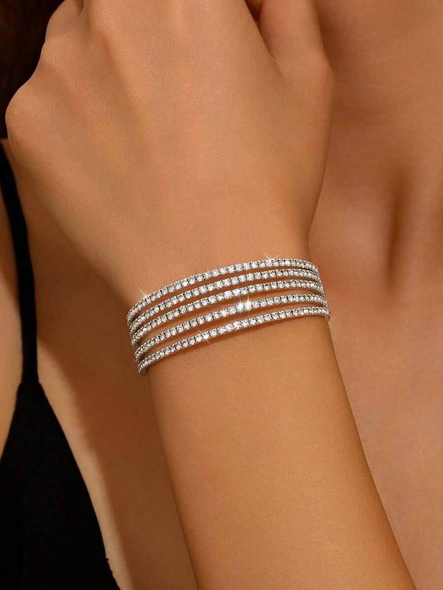 Brazalete de múltiples capas con cristales de strass, elástico y ajustable. Accesorio elegante, de moda y versátil al estilo europeo y americano - Plateado - Ver 1