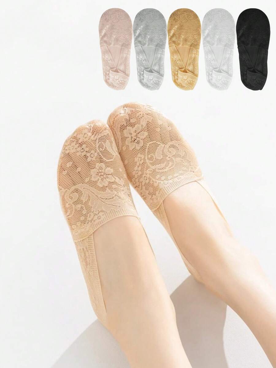 1/5/10 Pairs Women's Fashionable New Lace Flower Invisible Non-Slip Soft Boat Socks For Summer