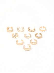 10件套波西米亚海滩度假风金属镂空几何线条心形雕刻脚趾戒指套装 - 金色 - 查看 5