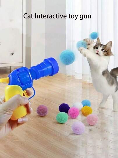 Interactive Launcher Cat Toy Set, Includes 1 Launcher And 20/50g Plush Balls, Suitable For Indoor Cats, A Sports Cat Toy To Promote Love And Trust Between Owner And Cat, Random Color