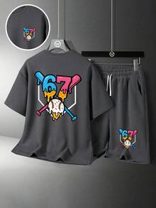 Tween Boy Cartoon Graphic Print Crew Neck Short Sleeve T-Shirt And Shorts Set - Dark Grey - View 2