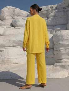 Bộ đồ thường ngày màu vàng phong cách nghỉ dưỡng, áo sơ mi dài tay rộng rãi + quần ống đứng, thoáng khí, chống nắng, gồm 2 món, thích hợp cho mùa xuân. - Màu vàng - Xem 5