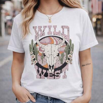 100% Cotton 1pc Plus Size Women's Wild West Graphic Print Cotton T-Shirt, Vintage Cow Skull Cactus Floral Design, Short Sleeve O-Neck Casual Tee, Loose Fit Basic Top, S-5XL Sizes, Western Retro Style Streetwear, All-Cotton Breathable Summer Shirt Benito Bowl,Big Game, Football Fast Shipping! Men's Casual And Stylish Short-Sleeved Printed T-Shirt.2026- Petite Women Clothing, Holiday Outfits For Women, Tops For Going Out