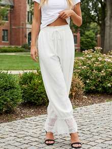Women Linen Lace Trim Long Bloomers Pants Ruffle Victorian Vintage Pantaloons Summer Beach Travel Vacation Pants - 白色 - 查看 3