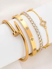 4pcs 18K Gold Plated Luxury Stainless Steel Four-Leaf Clover Fully Paved Crystal Bracelet Set, Suitable For Women's Birthday, Party, Wedding, And Special Occasions - Style 4 - View 1
