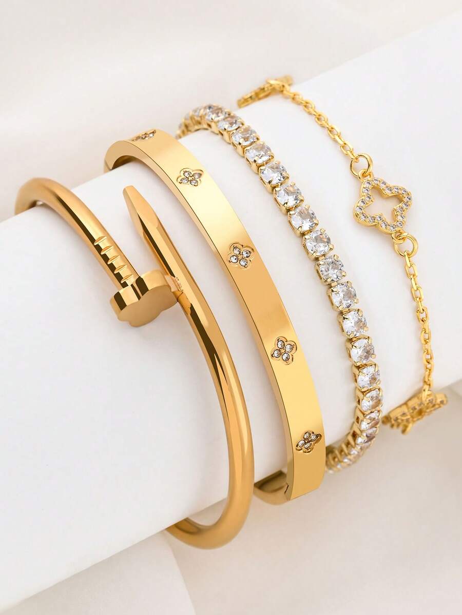 4pcs 18K Gold Plated Luxury Stainless Steel Four-Leaf Clover Fully Paved Crystal Bracelet Set, Suitable For Women's Birthday, Party, Wedding, And Special Occasions - Style 4 - View 1