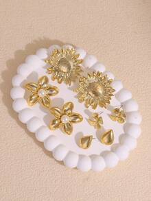 Bộ 1/4 bông tai mạ vàng hình hoa hướng dương, hoa năm cánh, hình giọt nước và hình học, trang sức mùa hè dành tặng cho nữ và mẹ. - Vàng - Xem 4