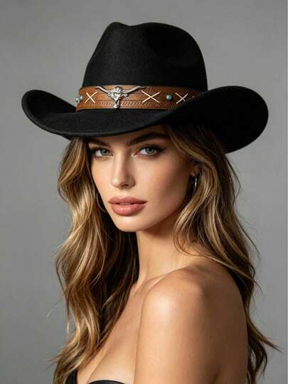 1Pc Black Western Felt Cowboy Hat For Women, Retro Cowgirl Hat With Leather Band & Bull Head Decor, Wide Brim Fedora For Party & Daily,Summer,Beach