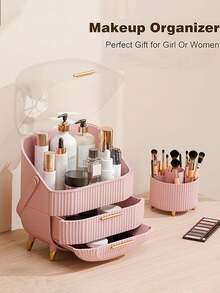 1 Set Of Cosmetic Storage Organizer Box, Dressing Table Cosmetic Storage Box With Drawer And Transparent Cover Tabletop Cosmetic Storage Rack, Suitable For Dressing Table, Bathroom And Other Places, Can Store Cosmetics, Skin Care Products, Makeup Brush Display Stand, Is The Ideal Choice For Ladies. Set, Pink, White Cosmetic Storage Box + Makeup Brush Storage Box - B - View 3