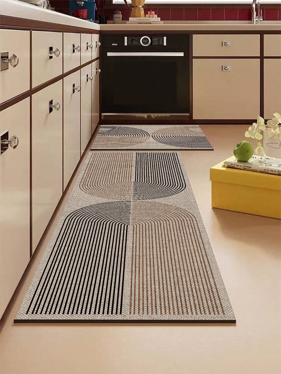1pc Nordic Abstract Curved Line Diatomaceous Earth Kitchen Rug, Rubber Non-Slip Bottom, Water-Absorbent, Oil-Resistant, 3.5mm, Trimmable, Suitable For Kitchen, Hallway, Living Room, Entryway, Indoor Home Decor Rug - Multicolor - View 1