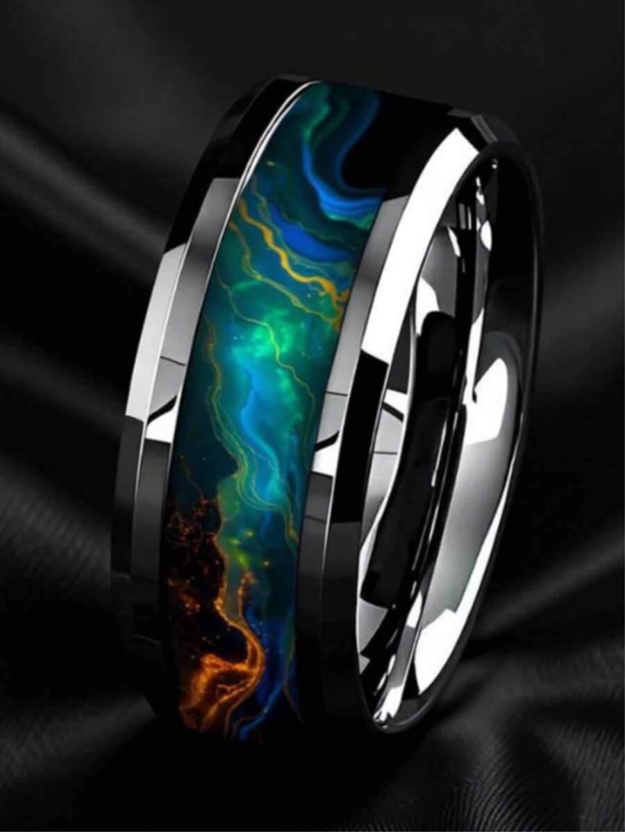 1 pieza Anillo clásico para hombres Moda Anillos de acero inoxidable de aurora colorida para mujer Accesorios de joyería Regalos de cumpleaños/aniversario/fiestas - Plateado - Ver 1