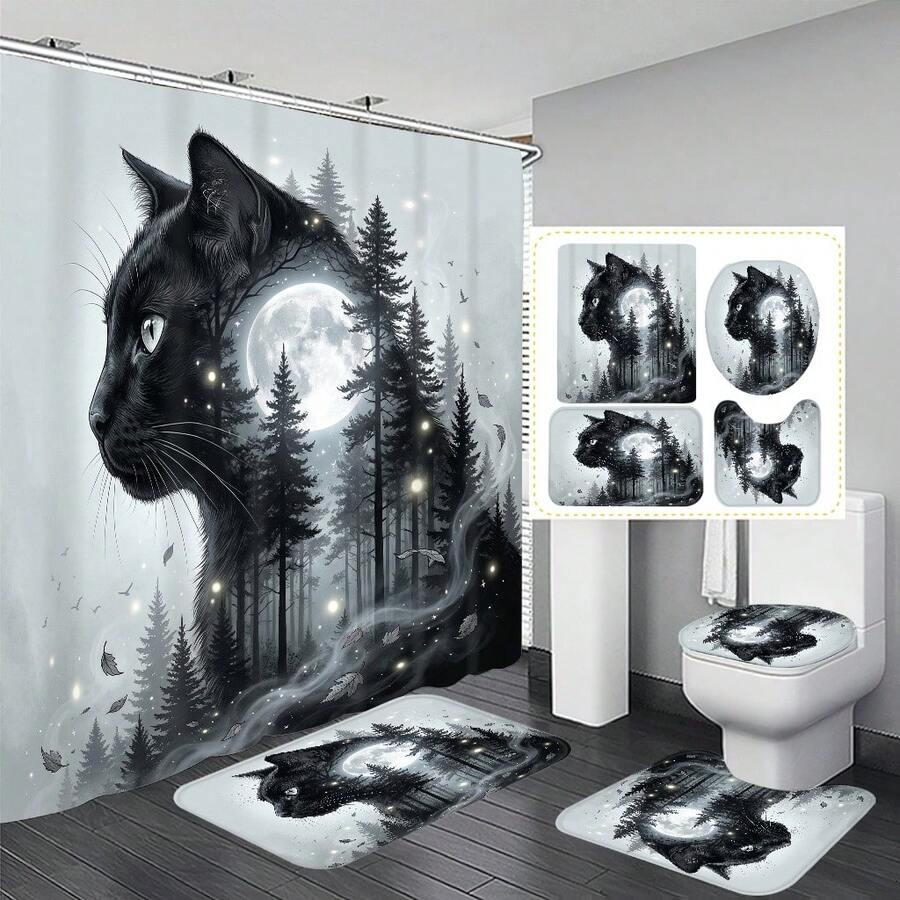 1pc/4pcs Moonlit Forest Black Cat Pattern Multifunctional Bathroom Decor Shower Curtain Set, Free 12 Hooks Included, Elegant Holiday Atmosphere, Bathroom Mat, U-Shaped Floor Mat And Round Toilet Mat, Suitable For All Scenarios Bathroom Set - Black Cat Forest - View 1