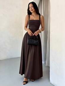 PETITE Women's Elegant Solid Color Brown Coffee Square Collar Flared Dress, Spring/Summer,Dresses For Women Elegant,New Year Dress ,Elegant Party Dresses,Dresses For Women Elegant - 棕色 - 查看 2