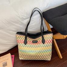 大容量编织刺绣沙滩手提包，草编单肩包，时尚格子单肩通勤手提包 - 黑色 - 查看 10