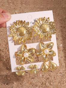 Bộ 1/4 bông tai mạ vàng hình hoa hướng dương, hoa năm cánh, hình giọt nước và hình học, trang sức mùa hè dành tặng cho nữ và mẹ. - Vàng - Xem 2