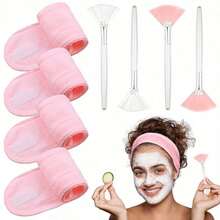 4pcs Adjustable Towel Headbands, With 4pcs Fan-Shaped Brushes, Face Mask Brush, Suitable For Beauticians - Multicolor - View 1