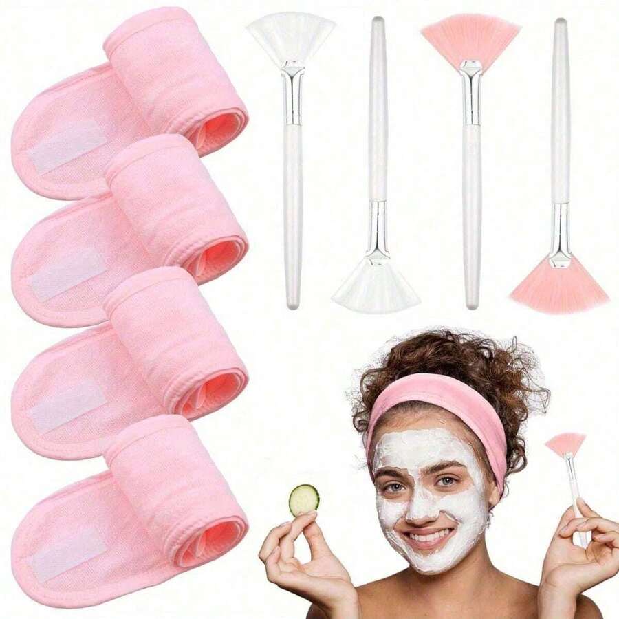 4pcs Adjustable Towel Headbands, With 4pcs Fan-Shaped Brushes, Face Mask Brush, Suitable For Beauticians - Multicolor - View 1