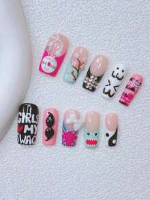 10pcs Y2K Nails Pipe-Shaped Press On Nails Set - Handcrafted, Pink Nails, Black Nails, Blue And White French Tip Nails, Handmade 3D Earphones And 3D Sunglasses, Hand Drawn Green Tea Flower And Shark Design, Hand Drawn Music Elements Nail Art, Sparkling White Bow And Rhinestone Decoration Nail Supplies Handmade Press On Nails - M - 查看 11