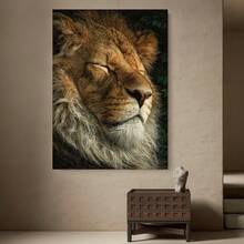 Framed Lienzo plano 2D, 2D plano, 2D plano de 1 pieza de  con una hermosa pintura al óleo de un león viejo durmiendo, diseñado en un estilo moderno con marco, perfecto para la decoración del hogar - Enmarcado - Ver 3