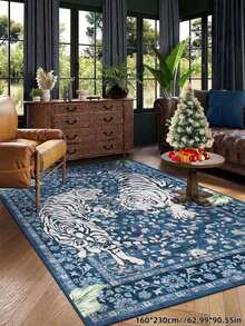 1pc Tiger Pattern Carpet, Bohemian Style Washable Rug, Suitable For Living Room, Vintage Soft Dining Room Carpet, Non-Slip Large Size Carpet For Office, Bedroom, Living Room, Entryway Doormat - Blue and White - View 7