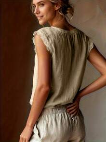 Retro Casual Linen Sleeveless Top, Elegant Daily Wear For Women - Khaki - View 5