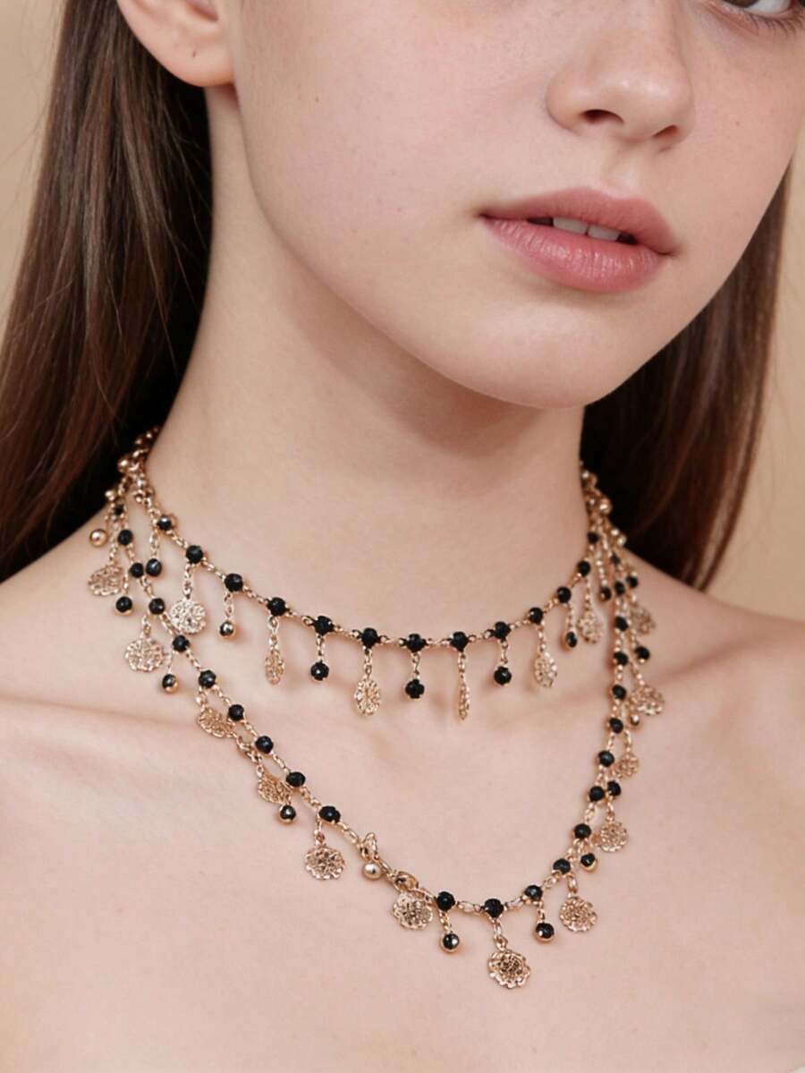 1件波西米亚风玫瑰花流苏项链，简约百搭手工黑色长流苏项链 - 一條項鍊 - 查看 1