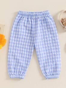 Pantalones largos a cuadros para niños y niñas pequeños con cintura elástica, adorables y casuales. - Azul - Ver 4
