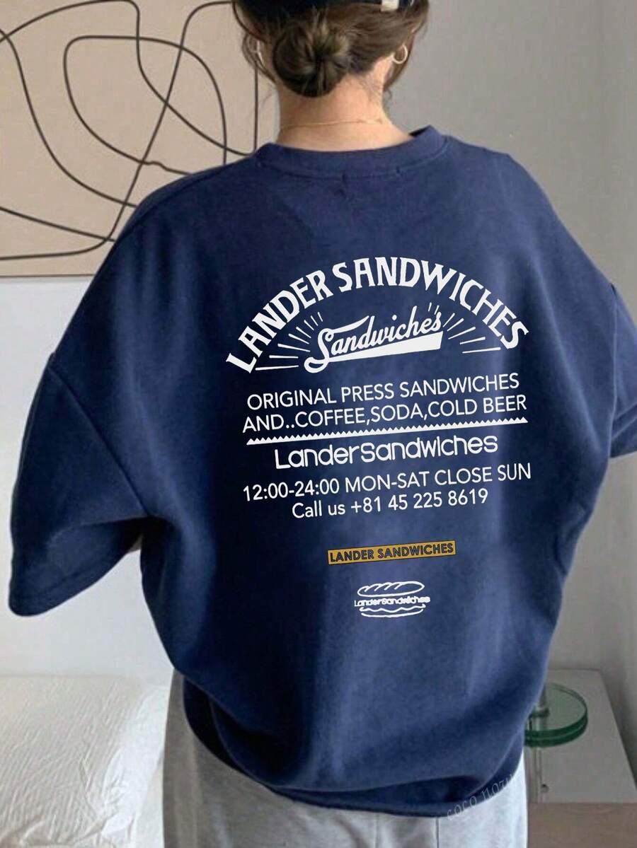Women's Casual Round Neck Letter & Cartoon Food Print Loose Fit Short Sleeve T-Shirt, Versatile For Spring/Summer - Dark Blue - View 1
