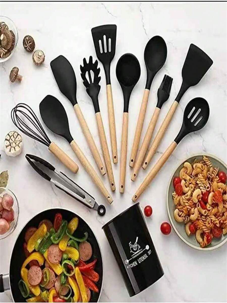 12-Piece Silicone Non-Stick Kitchen Utensil Set - Spatula And Spoon - Black - View 1